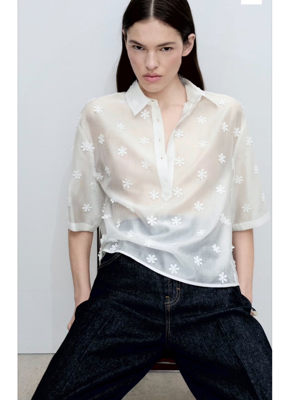 Mango White Sheer Daisy Appliqué Button-Down Top